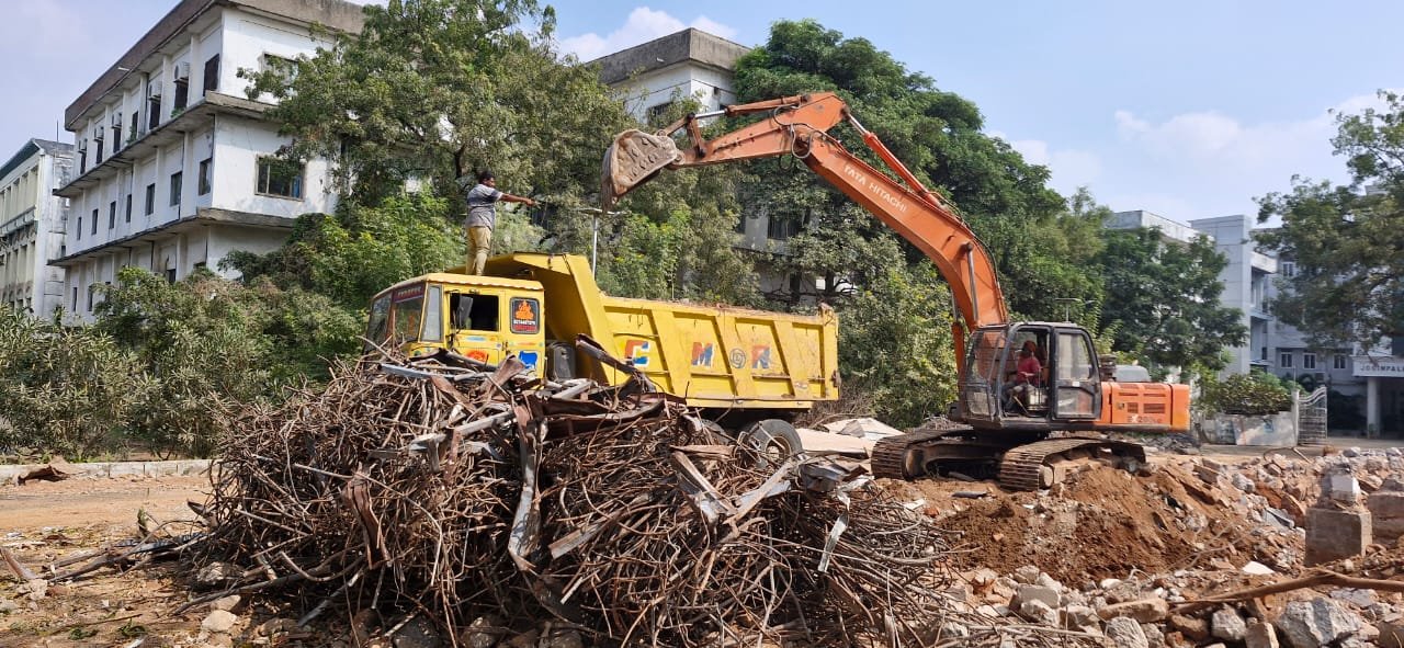 MS Demolishers JCB machinery on demolition site in Hyderabad
